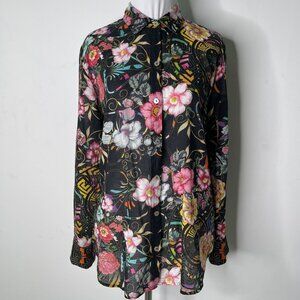 Johhny Was Women's Black 100% Cotton Floral Button Down Long Sleeve Shirt XS